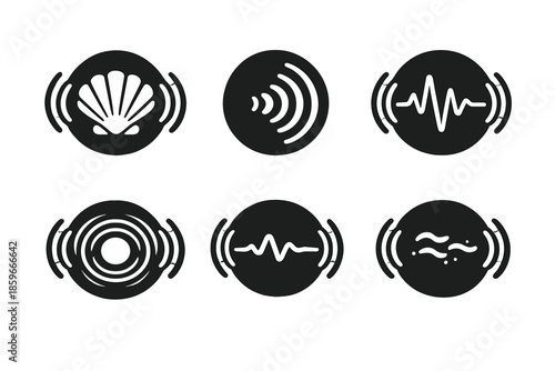 Sound Reflection Icons. Solid style round vector icons of sound reflection: shell, echo, frequency curve, pulse ring, whisper line