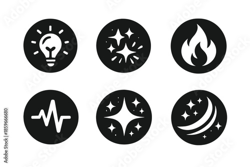 Ignition Vector Icons. Solid style round vector icons of idea ignition: mirror, spark, flame, pulse, shine, curve No text, No