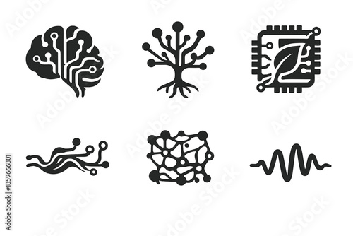 Organic Computing Icons. Solid style icons of organic computing: neural circuit, branching node, biochip, fluid wire, organic grid