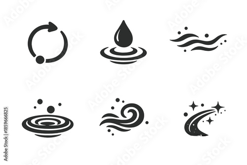 Meditative Motion Icons. Solid style icons of meditative motion: circlepath line, floating droplet, rhythmic curve, still water,