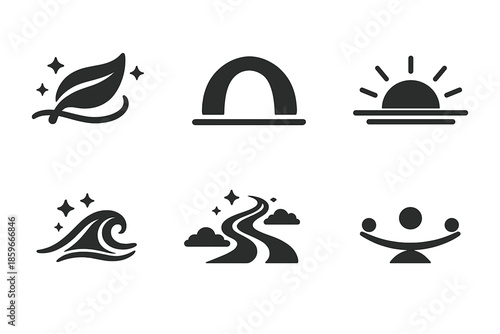 Solid Freedom Icons. Solid style icons of freedom in balance: flying leaf, open arc, rising sun, gentle wave, sky path, balanced