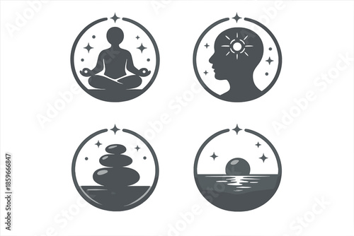 Serene Focus Icons. Solid style icons of serene focus: centered frame, quiet glow, balanced circle, smooth outline, tranquil beam,