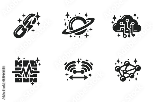 Hybrid System Icons. Solid style icons of hybrid systems: spark link, luminous ring, layered cloud, pulse grid, air connection,