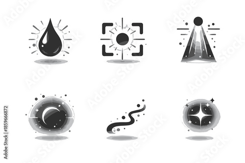 Radiant Droplet Icons. Solid style icons of luminous focus: radiant droplet, balanced frame, centered beam, soft aura, minimal