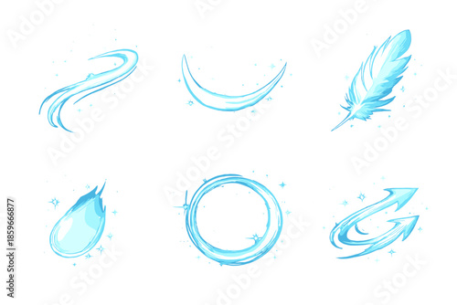 Luminous Icon Elegance. Solid style icons of luminous grace: light trace, curved reflection, feather glow, smooth gradient,