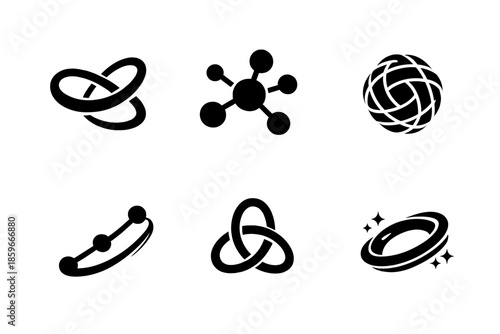 Evolving Connection Icons. Solid style icons of evolving connection: looping thread, orb cluster, threadcore weave, dynamic line,