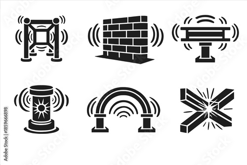 Structural Sound Icons. Solid style icons of Structural Sound: resonant frame, vibration wall, harmonic beam, echo core, sound