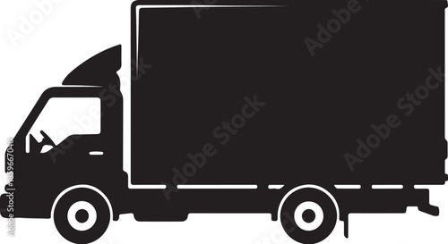 Black silhouette of a box truck with a cab and cargo container on a white background also transparent background