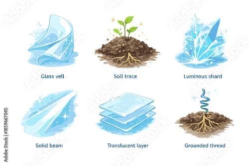 Harmonized Contrasts Icons. Solid style icons of Harmonized Contrast: glass veil, soil trace, luminous shard, solid beam,