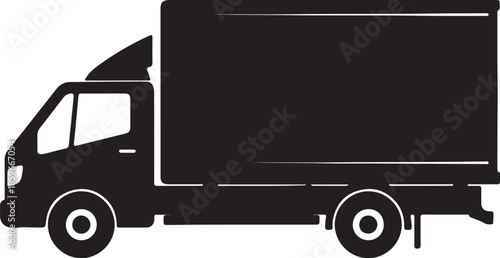 Black silhouette of a box truck with a cargo container and wheels also transparent background white