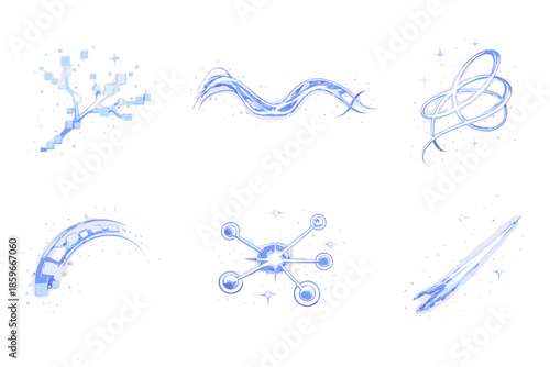 Luminous Design Icons. Solid style icons of Luminous Design: pixel branch, light wave, glowing thread, digital arc, radiant node,