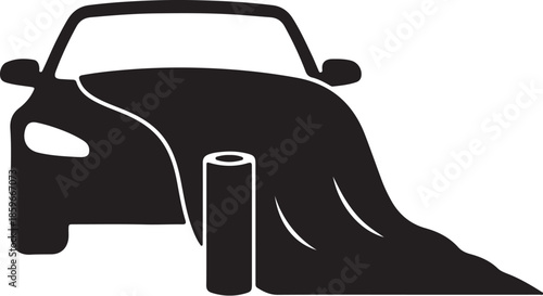 Black silhouette of a car covered by a flowing draped fabric with a cylindrical also transparent background