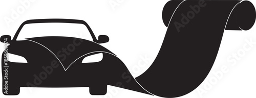 Black silhouette of a car with a long unrolling scroll extending from its hood also transparent background