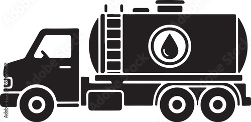 Black silhouette of a fuel tanker truck with a drop symbol on its side also transparent background black and white
