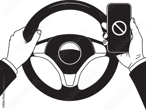 Hands holding steering wheel and smartphone with prohibition symbol also transparent background driving