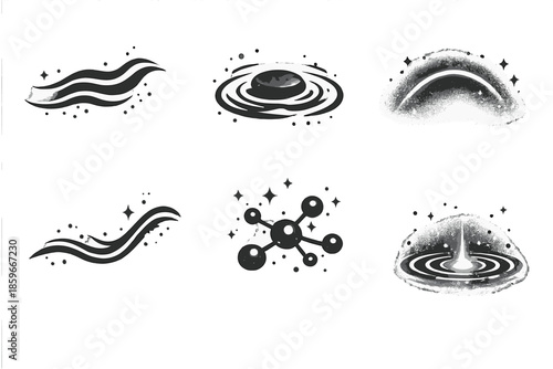 Solid Energy Icons. Solid style icons of Subdued Energy: mist line, stone pulse, soft arc, flowing thread, luminous node, grounded