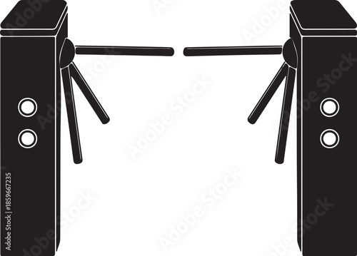 Two black turnstiles with horizontal bars and angled support arms on a white background also transparent background