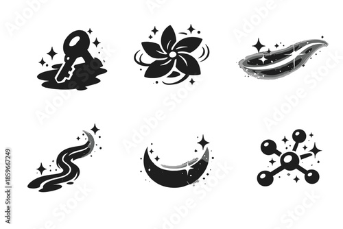 Hidden Access Icons. Solid style icons of Hidden Access: shadow key, petal spin, glowing line, flowing thread, subtle arc,