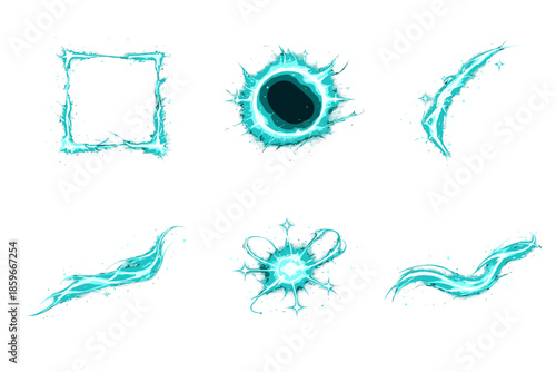 Protected Energy Icons. Solid style icons of Protected Energy: dust frame, flare veil, luminous arc, soft thread, radiant node,