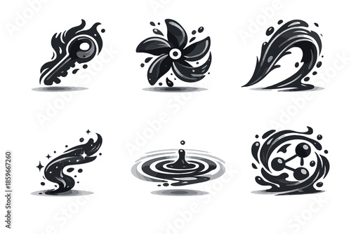 Fluid Access Icons. Solid style icons of Fluid Access: shadow key, petal spin, flowing arc, luminous thread, soft ripple, hidden