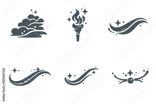 Calm Guidance Icons. Solid style icons of Calm Guidance: fog step, torch flow, flowing arc, luminous thread, soft line, gentle