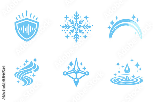 Elevated Clarity Icons. Solid style icons of Elevated Clarity: sound crest, frost grain, glowing arc, flowing thread, sharp node,