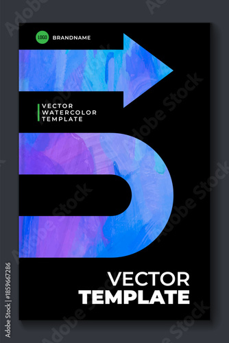Watercolor booklet brochure modern cover template with blue arrow elements and black background