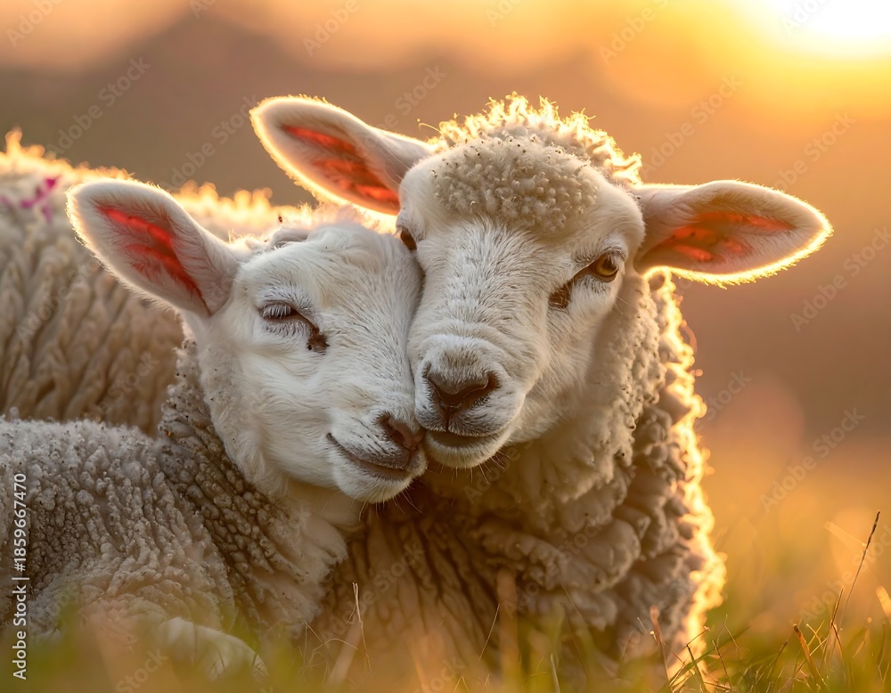 Fototapeta premium Two lambs cuddling at sunset