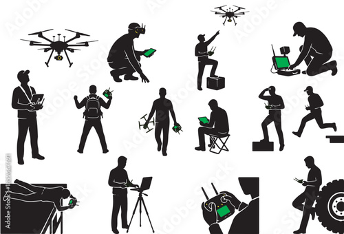 Collection of Silhouettes Demonstrating Drone Technology and Remote Control Operations.