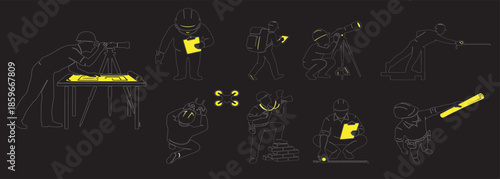 Collection of stylized line art illustrations depicting people engaged in various activities, some interacting with technology and others with abstract elements.