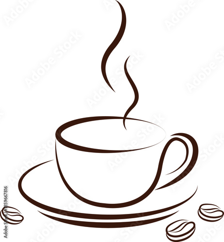 Stylized outline of a steaming coffee cup and saucer with beans