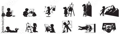 Collection of Silhouette Illustrations Depicting Children Engaged in Various Creative and Recreational Activities.
