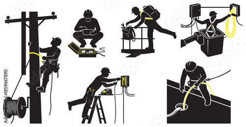 Set of illustrations depicting electricians and linemen working on power lines and electrical equipment, highlighting safety and maintenance tasks.