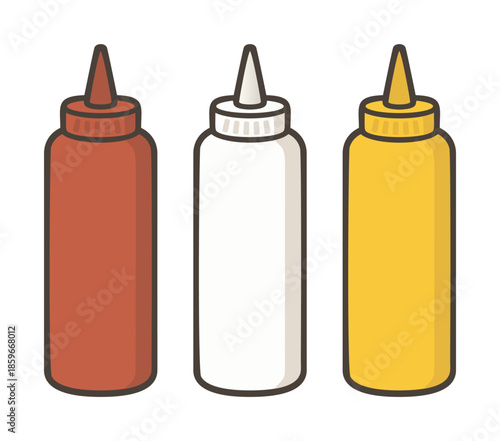 Ketchup mustard mayonnaise bottles vector, hand drawn condiment containers in row — stock vector