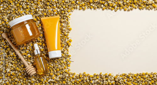 Natural Skin Care Essentials: Organic Honey and Chamomile Products on Floral Background