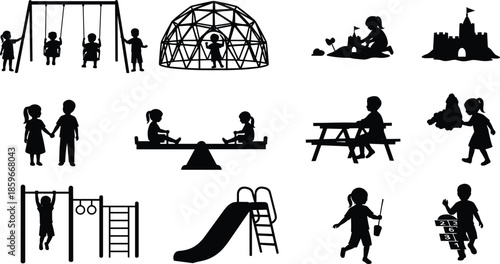 Large silhouette collection of children playing on playground equipment including swings, slides, seesaws, and sandcastles isolated on white background, vector nature illustration,