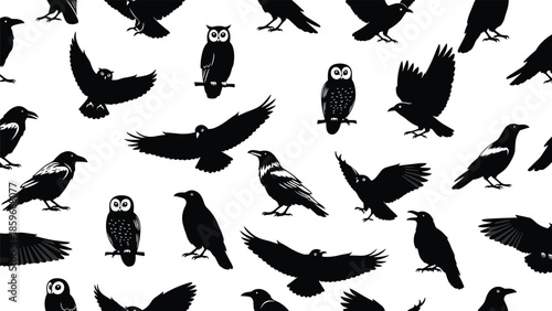 Large collection of black silhouettes featuring owls and ravens in various flying and perched poses isolated on white background, vector nature design,