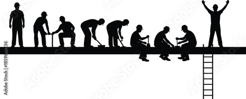 Construction worker silhouettes on platform, labor stages, teamwork, black figures, tool use, ladder access, celebratory pose, industrial effort