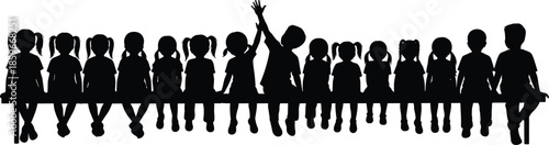 Children silhouettes on bench, playful interaction, group unity, black figures, school moment, friendship, seated kids, high-five, recreation, bonding