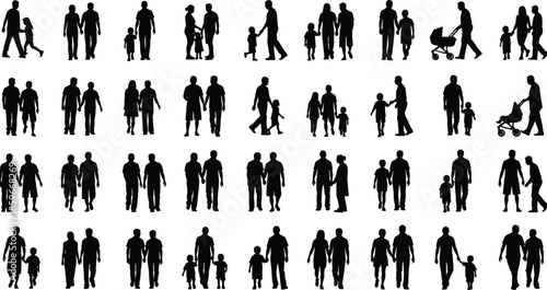 Family silhouette collection, adult and child poses, caregiving moments, walking together, stroller scenes, black figures, companionship, bonding