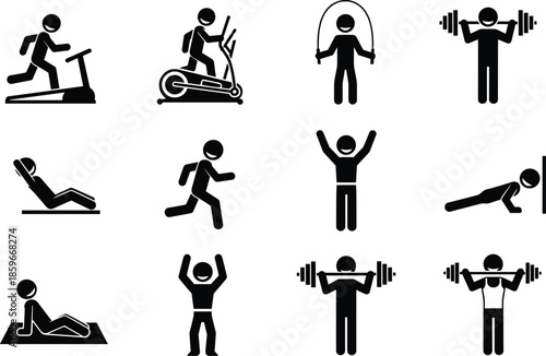 Exercise silhouette icon set, fitness poses, workout activities, gym motion, black figures, stretching, lifting, running, jumping, training