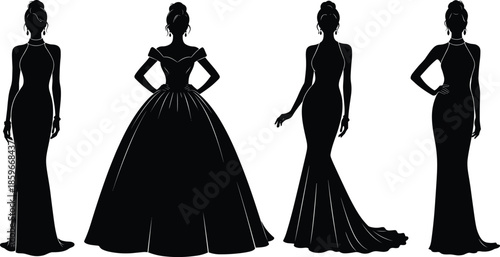 Women in evening gowns, fashion silhouettes, elegant dress styles, black figures, formal wear, pose variety, design inspiration, stylish attire