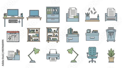 Office Supplies and Furniture Icons Set.