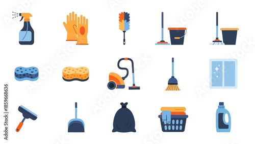 Assorted Cleaning Supplies and Equipment Icons.