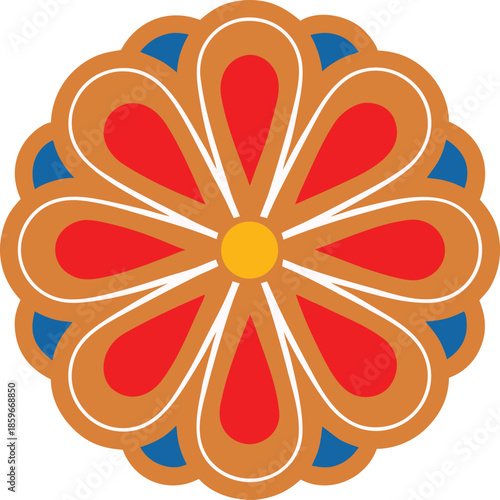 Vibrant flower design with red petals and blue accents on transparent background colorful orange yellow teardrop white lines radial symmetrical ornate decorative pattern icon graphic