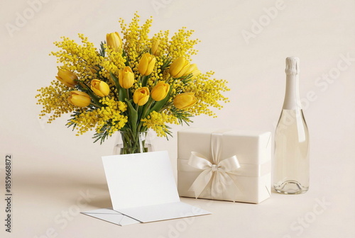 Greeting card mockup, gift box, yellow  spring flowers tulip and mimosa, cham...