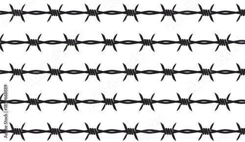 Barbed wire seamless pattern vector, black silhouette, repeating horizontal lines — stock vector