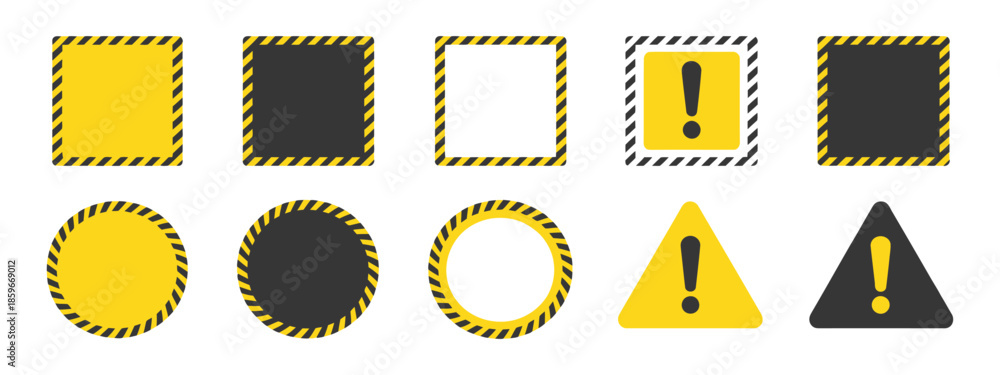 © HAPPY - Yellow black caution sign, warning round and square banners, attention symbols, safety alert vector illustration, isolated on white background.