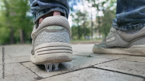 Chewing Gum Stuck to Shoe Sole on Urban Sidewalk