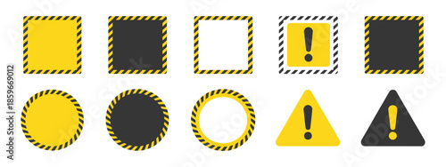 Yellow black caution sign, warning round and square banners, attention symbols, safety alert vector illustration, isolated on white background.
